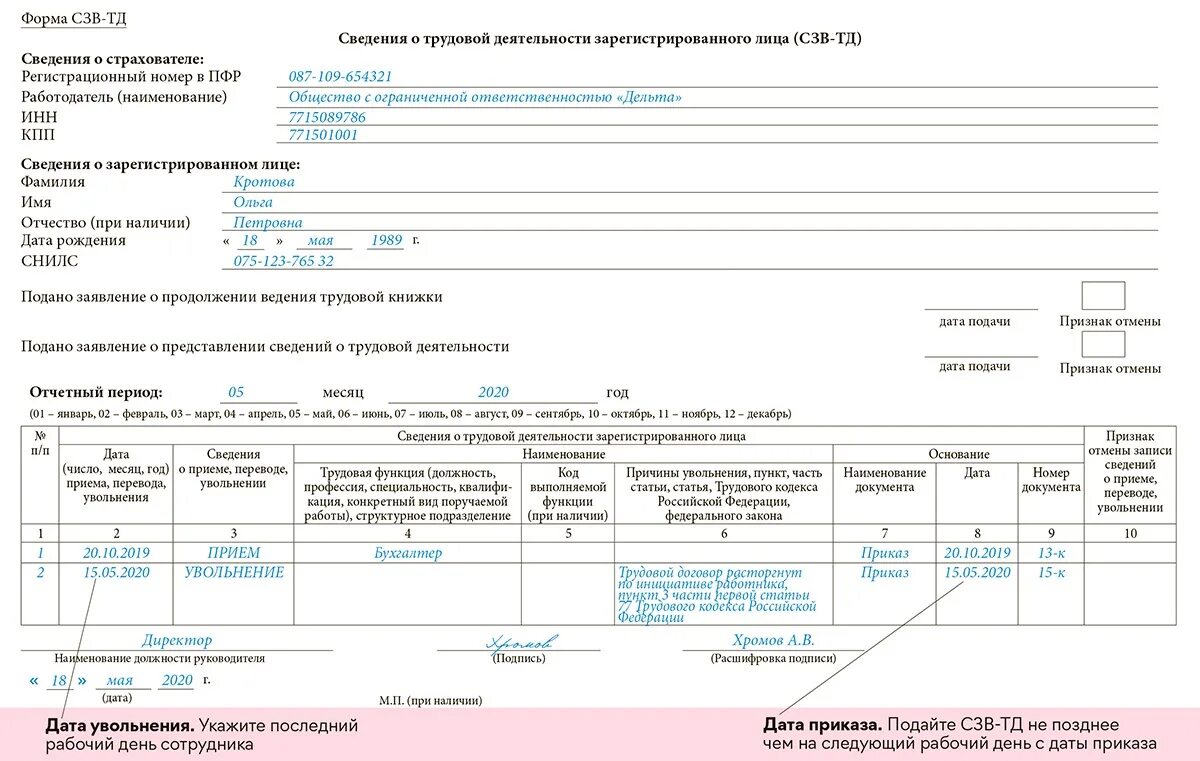 Сзв тд увольнение работника. СЗВ-ТД образец заполнения при увольнении. СЗВ-ТД при увольнении образец заполнения 2022. Пример заполнения СЗВ-ТД при увольнении. СЗВ-ТД 2022 образец.