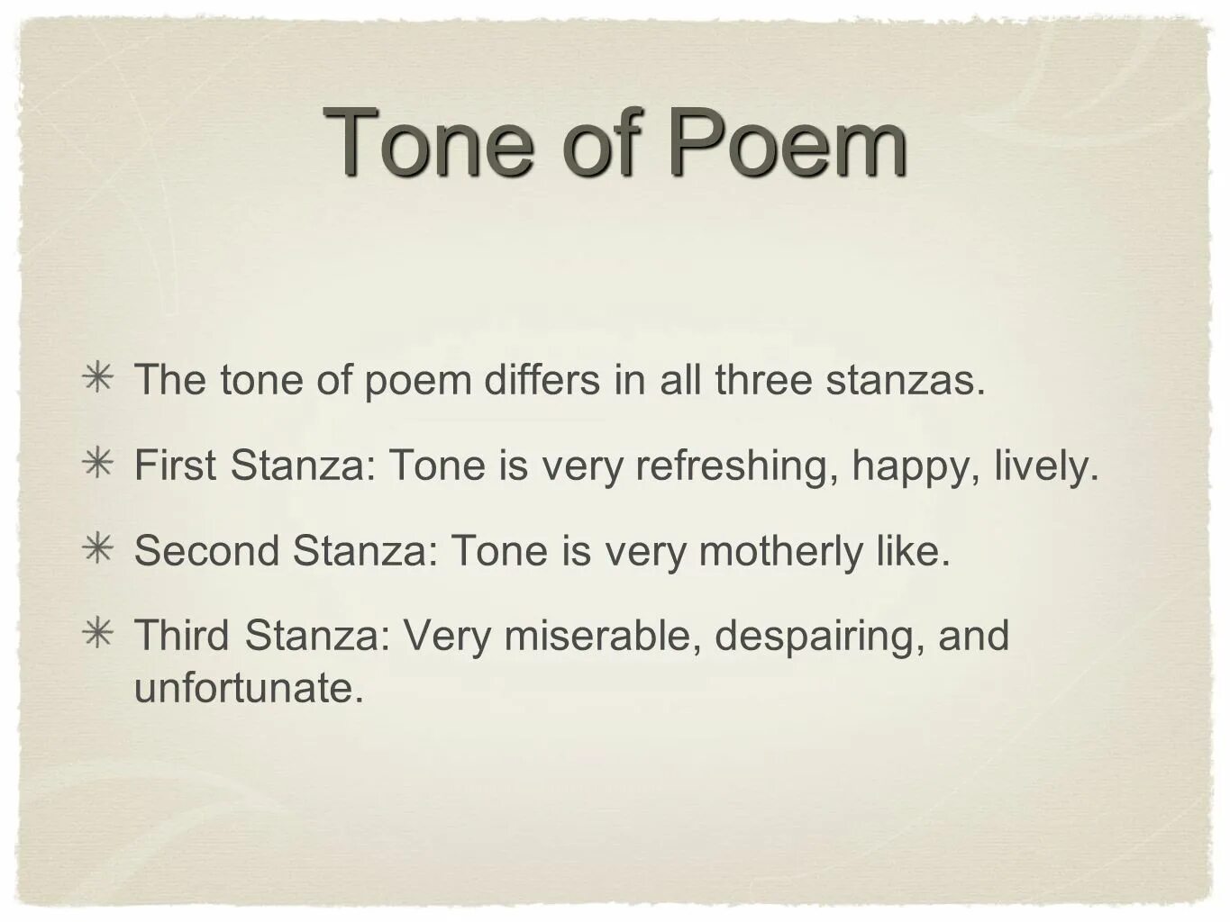 Sam to learn the poem. Tone in Fiction. Tone poem. Ambiguous poem. Two stanza poems about Winter.