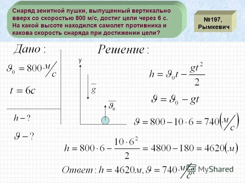 Высота подъема с начальной скоростью. Снаряд зенитной пушки выпущен вертикально вверх со скоростью 800. Задачи на ускорение свободного падения. Задачи на ускорение свободного падения формулы. Ускорение свободного падения формула физика задачи.