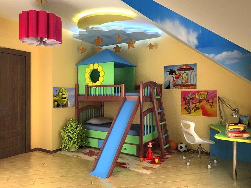 Интересное для мальчика 4 лет. Комната для детей. Детская комната с игровой зоной. Игровой дом для детей. Детская комната с горкой.