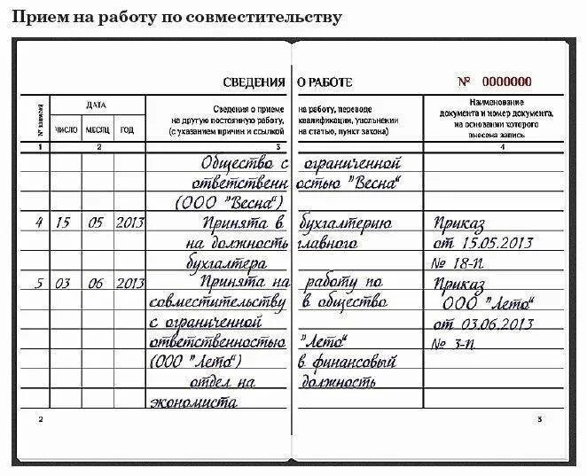 Могут ли водители по совместительству. Запись в трудовой книжке о приеме на работу по совместительству. Запись о переводе на совместительство в трудовой книжке. Запись в трудовую о приеме по совместительству в другую организацию. Запись в трудовой книжке основная работа и по совместительству.