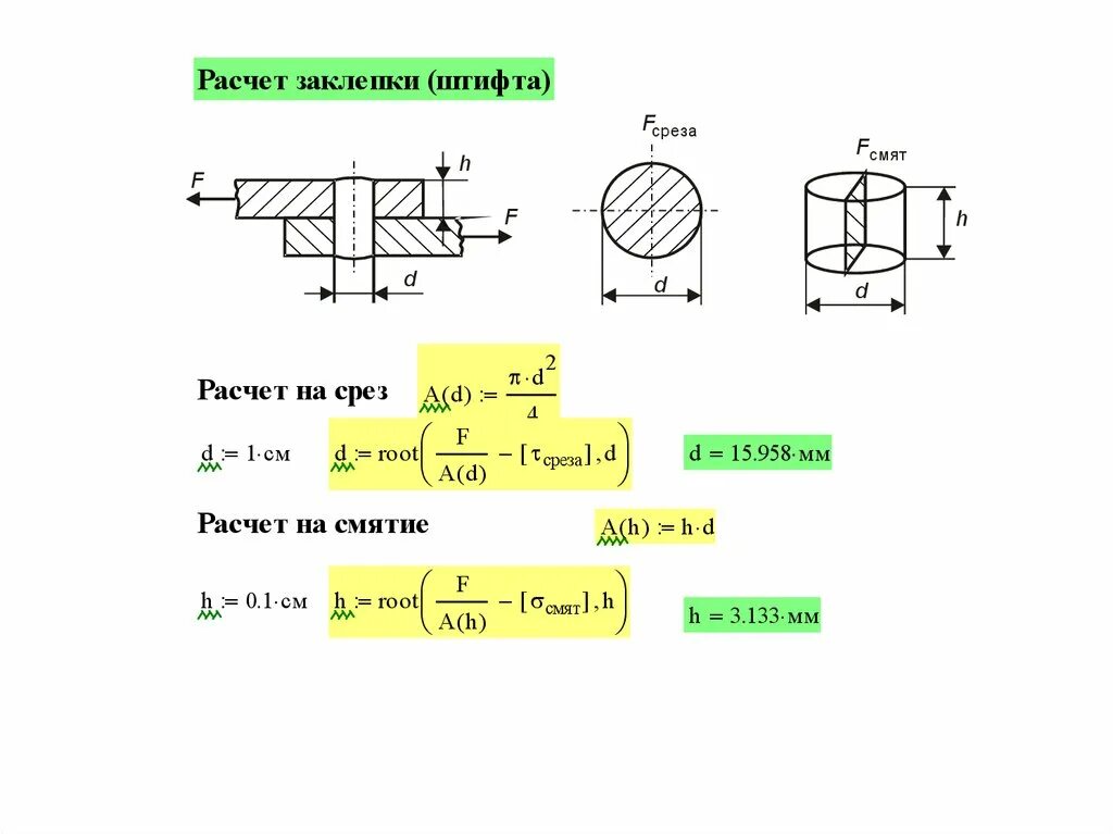 Расчетная срез. Площадь смятия штифта формула. Расчет стержня на срез формула. Срез смятие сопромат. Площадь смятия заклепки формула.