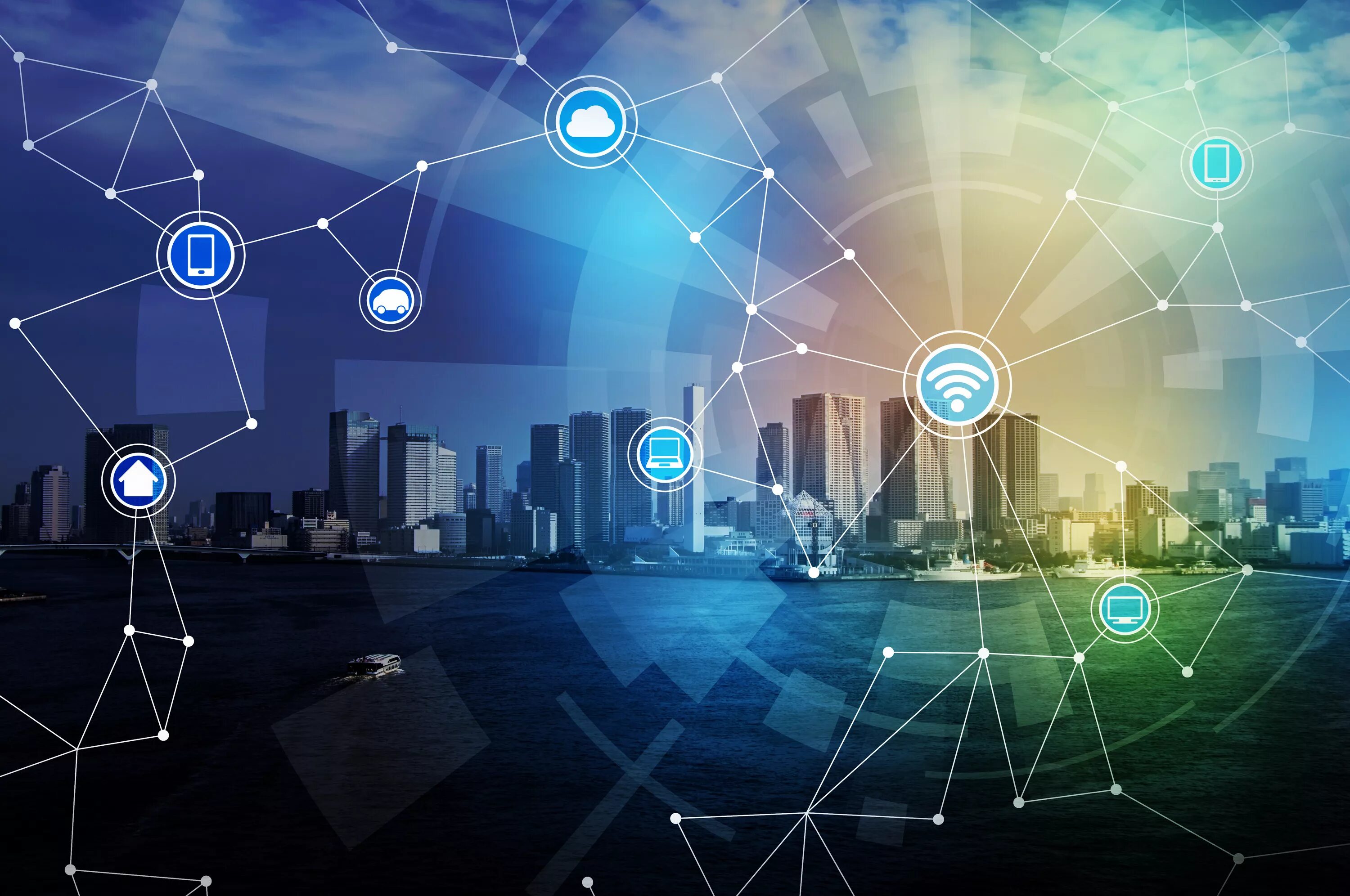 Connected route. Интернет вещей (IOT). Технологичный фон. Умный город. Беспроводные технологии.