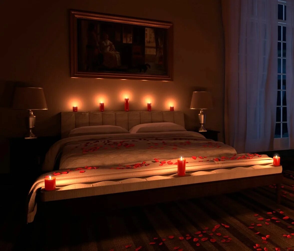 свечи на прикроватном столике. только в спальне горели свечи. романтическая обстановка в комнате. спальня в большой комнате. песня последней встречи ахматова.