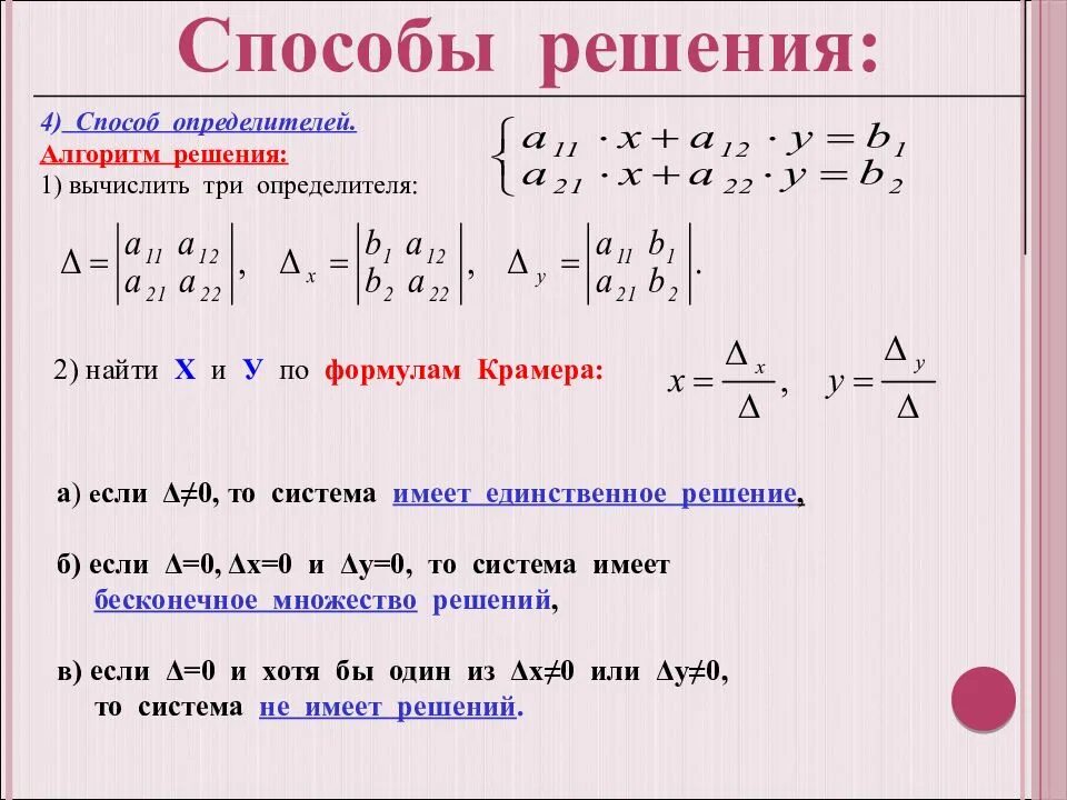 Алгебра линейные уравнения методы решения. Метод решения систем линейных уравнений через определитель. Решение системы двух линейных уравнений формулы. Способы решения системных линейных уравнений. Решить систему линейных уравнений легкий способ.