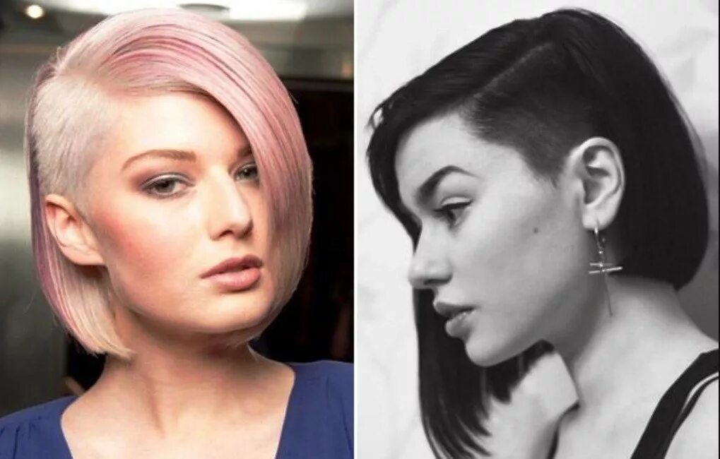 Каре андеркат. Короткая стрижка на один бок. Удлиненное каре с выбритым виском. Стрижка на длинные волосы с короткими висками. Короткие прически.