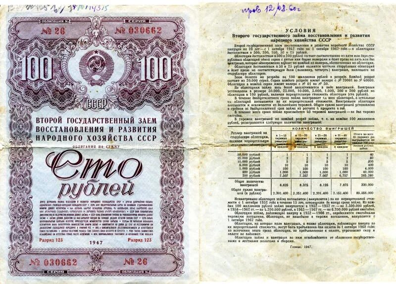 Облигации 1947 года 100 рублей. 100 Рублей СССР 1947. Облигации СССР 100 рублей. Займ 1947 года.