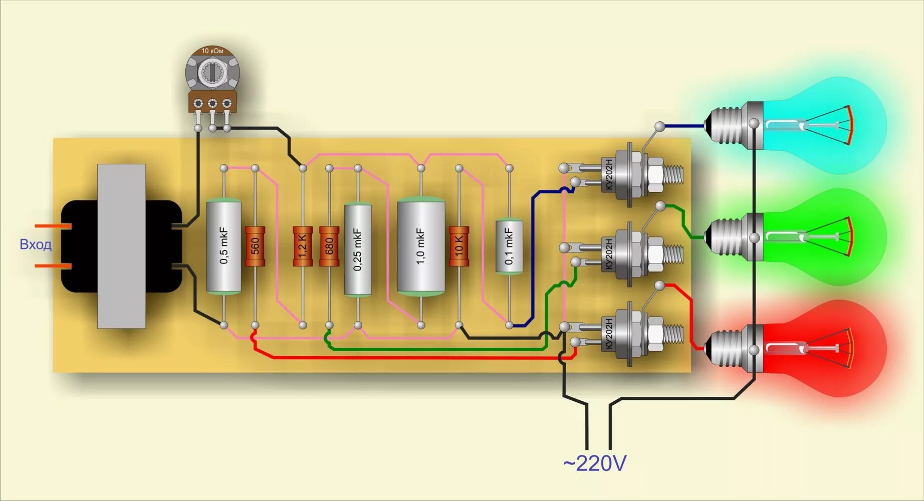 Звук 12 вольт. Цветомузыка на ку202. Цветомузыка на тиристорах ку202. Простая схема ЦМУ на тиристорах. ЦМУ на тиристорах ку202н.