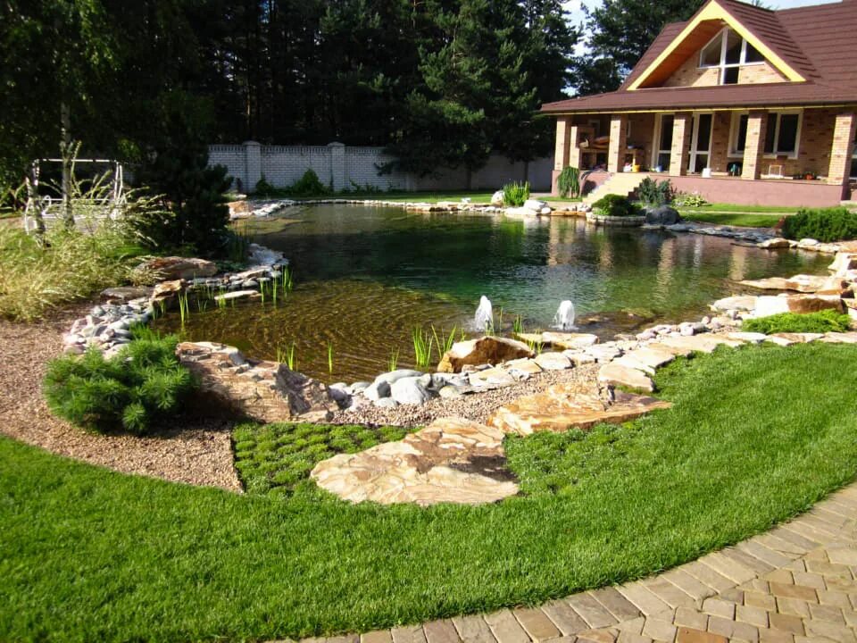 участок рядом с прудом. ландшафт дачного участка.