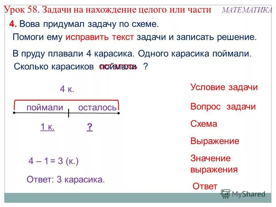 К восьми целым трем. Задачи на нахождение части 1 класс. Задачи на нахождение целого. Задачи на нахождение части целого. Решение задач на нахождение целого и части..