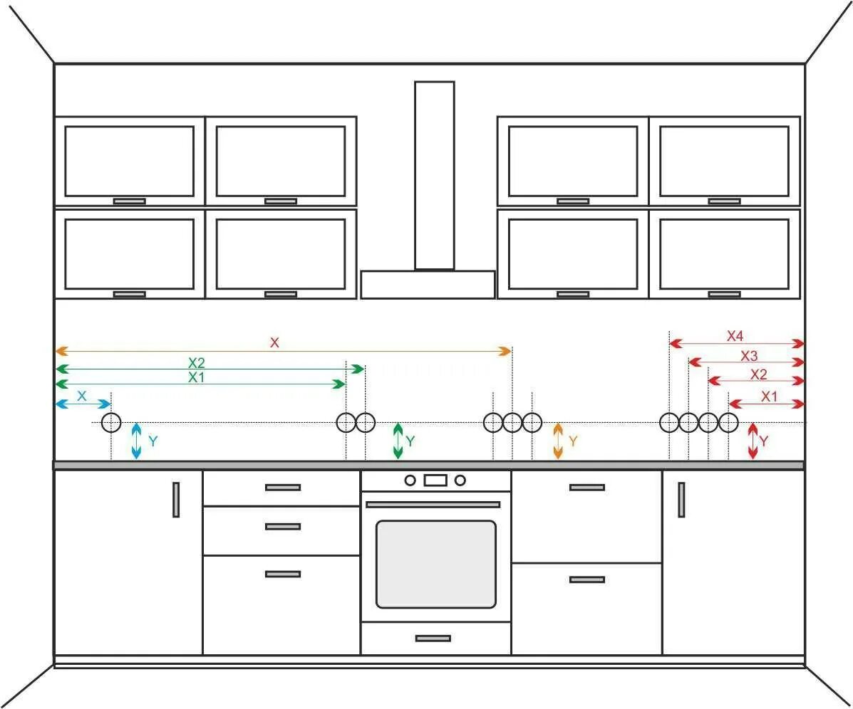 Высота кухонного фартука стандарт. Высота установки розеток на фартуке кухни. Высота розеток на кухонном фартуке от пола. Схема установки розеток на кухне.