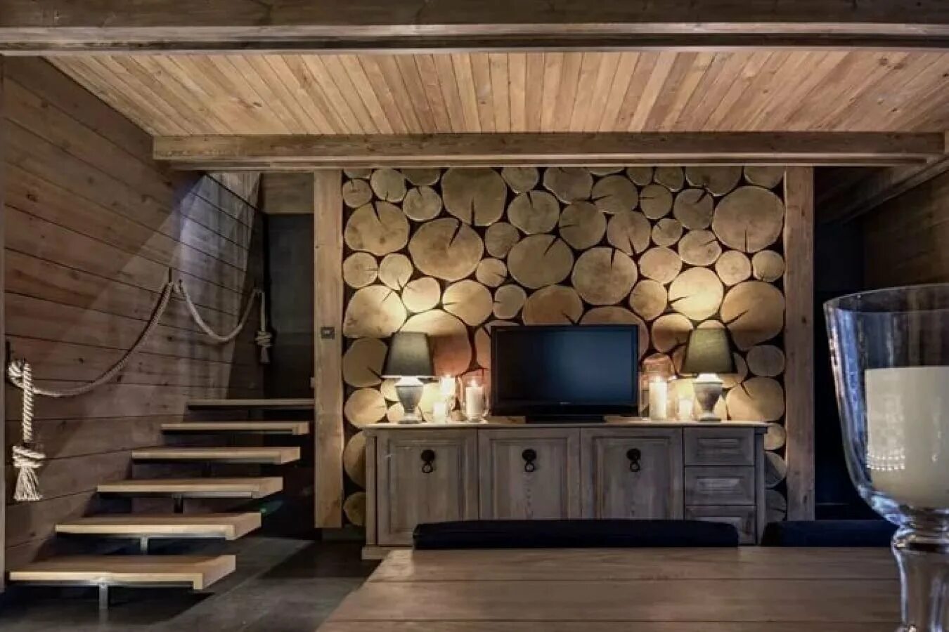 Дизайн деревянных стен. Имитация бруса (вуд-хаус) сосна двухкомнатная. Мансарда фальшбрус. Евровагонка в сканди стиле. Интерьер деревянного дома.