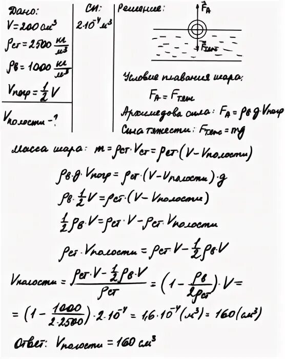 Полиэтиленовый шар объемом 155 дм3 плавает. Объем полости. Полый шар отлитый из чугуна плавает в воде. Объем полости шара. Шар наполовину погружен в воду.