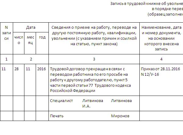Перевод на другую работу через увольнение. Уволена переводом образец записи в трудовой книжке. запись в трудовой книжке об увольнении в порядке перевода. образец заполнения трудовой книжки при переводе в другую организацию. запись в трудовой об увольнении переводом в другую организацию.