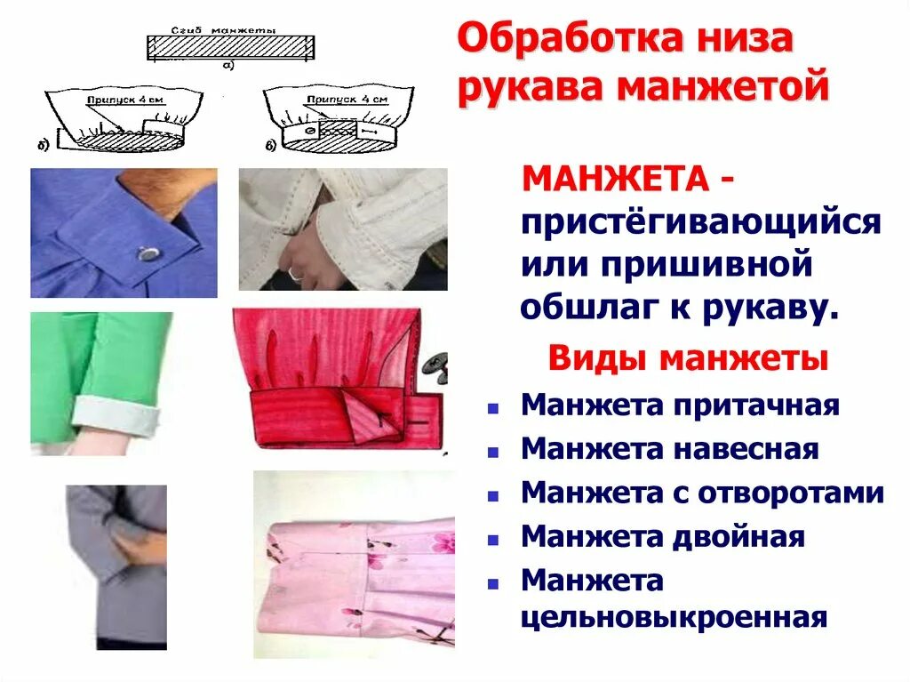 Внизу рукава. Виды манжет. обработка низа рукава. способы обработки низа рукава. технология обработки низа рукава.