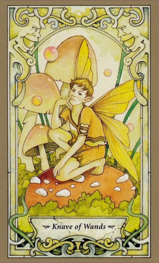 Карта таро исполнение желания. Mystic Faerie Tarot галерея. Таро фей Mystic Faerie Tarot. Knave of Wands Таро. Карты Таро исполняющие желания.