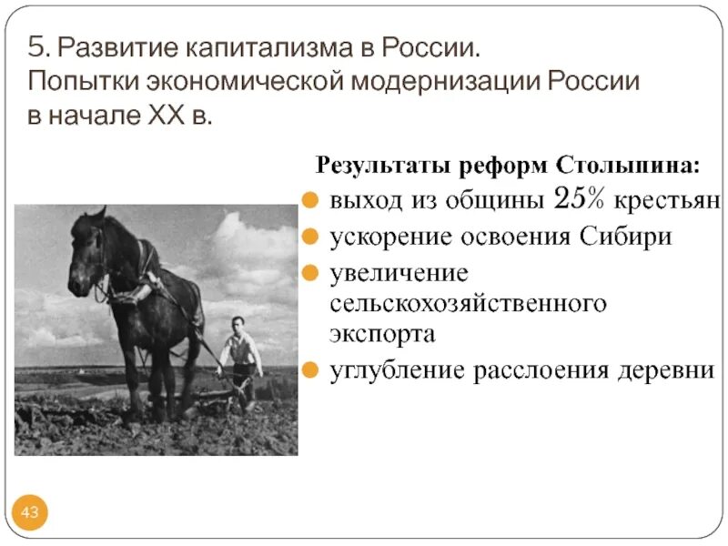 Развитие капитализма в России. Развитие капитализма в сельском хозяйстве. Военная реформа Столыпина. Предпосылки модернизации Российской деревни.