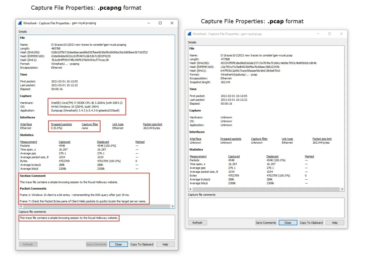 Trace properties. Pcap format. pcapng format. file properties. application.properties file.