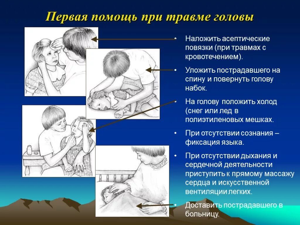 Травма первый мед. Оказание первой помощи при травме головы. Оказание 1 помощи при травме головы. Первач помощь при травмах. Первая помощь при трам.