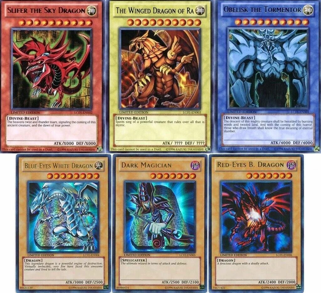 Legendary collection. Slifer Red. Blue Eyes White Dragon Dark Magician. Yu gi Oh Card back.