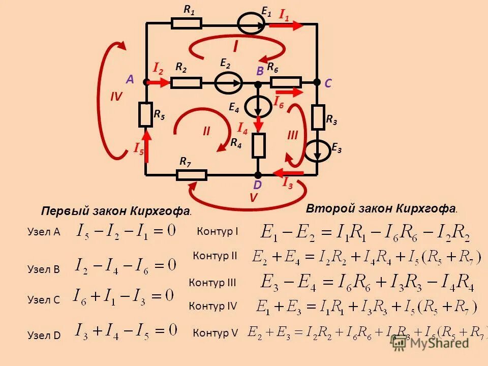 Тока 1 33. Электрическая схема метод Кирхгофа. Решение задач по 1 и 2 закону Кирхгофа. Первое уравнение Кирхгофа для узла e рис 1. Уравнения по 2 закону Кирхгофа для трех контуров..