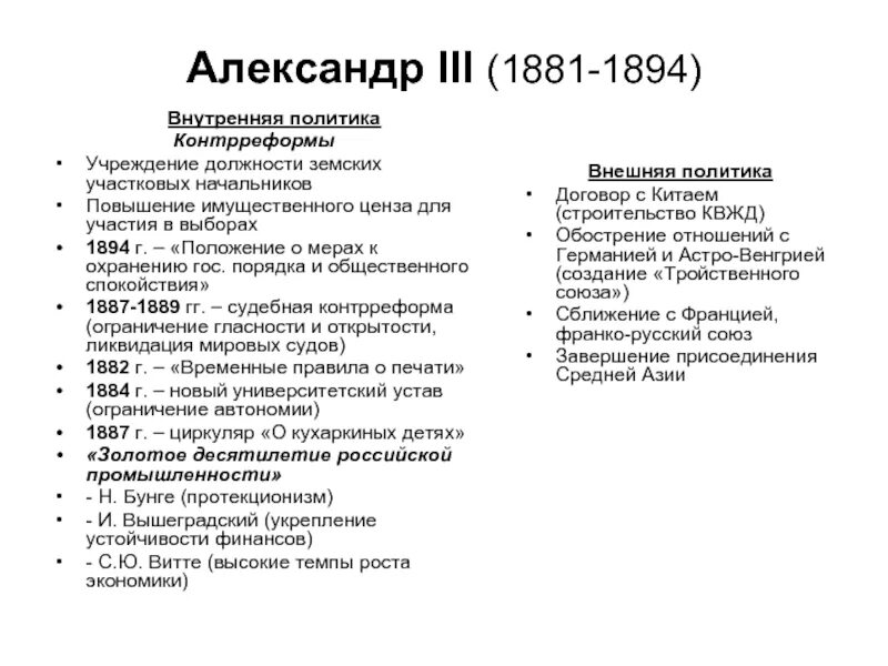 Внутренняя политика при александре 3