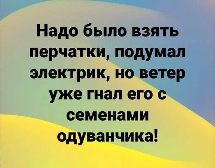 Он было взял уже. Надо было взять перчатки подумал электрик но ветер. надо было одеть перчатки подумал электрик. но ветер уже гнал его с семенами одуванчика. прикольный сарказм.