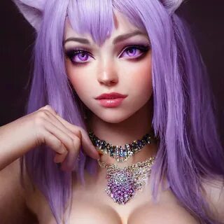 "Beautiful girl, cat ears, jewelry, chest area, lilac hair, purple eye...