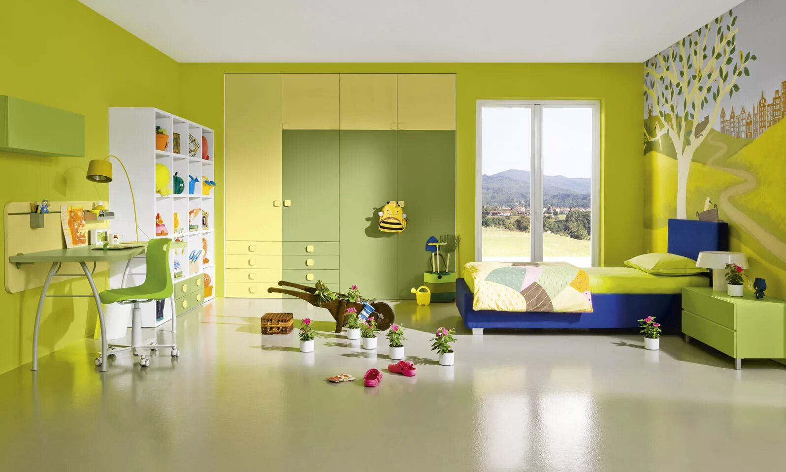 Детская комната с желтыми стенами. Сочетание цветов в интерьере детского сада. Комната в желто зеленых тонах. Яркие цвета для стен комнат для детей. Желто зеленые обои купить