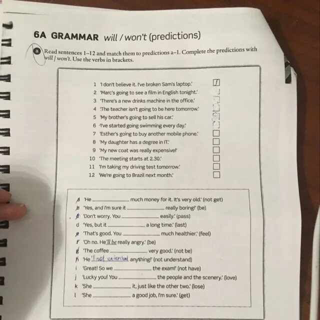 English Grammar Test приложение. Grammar Test ответы. Match the sentences. Read sentences 1-12 and Match them to predictions a-1 complete the predictions with will/wont ответы. Read the sentences one more