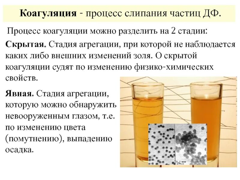 Слипание коллоидных частиц. Стадии коагуляции. Скрытая и явная коагуляция. Стадии процесса коагуляции. Коагуляция примеры.