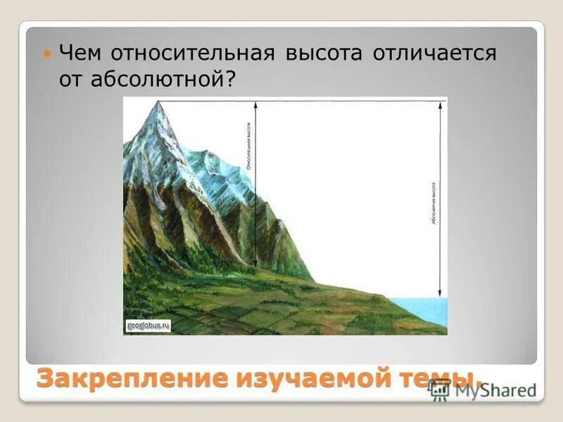 Определить разницу высот. Абсолютная и Относительная высота. Что такое абсолютная и Относительная высота в географии. Абсолютная и Относительная высота отличаются. Отличие относительной и абсолютной высоты.