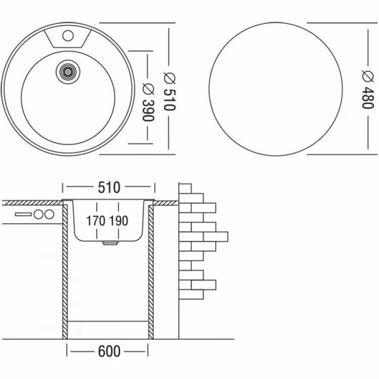 Размер отверстия раковины. Фаворит fal490-gt6k 0c. Диаметр отверсти для врезной мойки диаметром 510 мм. Кухонная мойка topzero fam510.gt6k размер врезания. Мойка topzero 510 мм схема монтажа.
