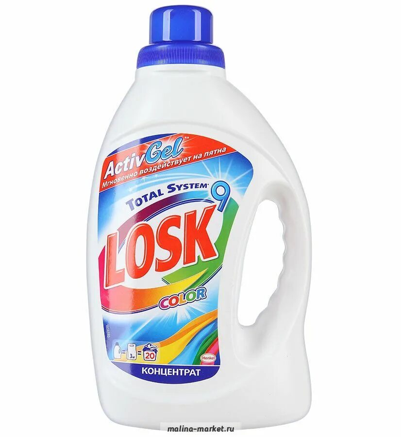 Losk Color, концентрат, 3 л. Лоск гель для стирки автомат колор 40 стирок.