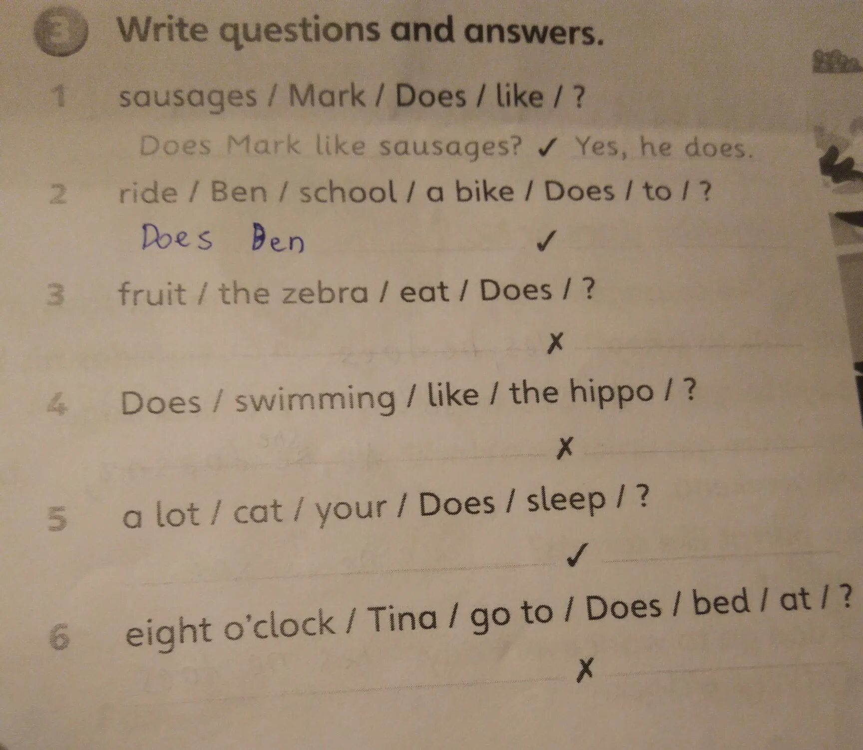 Answer ride. Write questions and answers Ride Ben, School, a Bike, goes, to?. 3 Write questions and answers Ride Ben, School, a Bike, goes, to?. Complete the questions and answers does George Play Tennis.