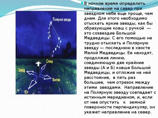 Позволяет определять направление. Направление по полярной звезде.