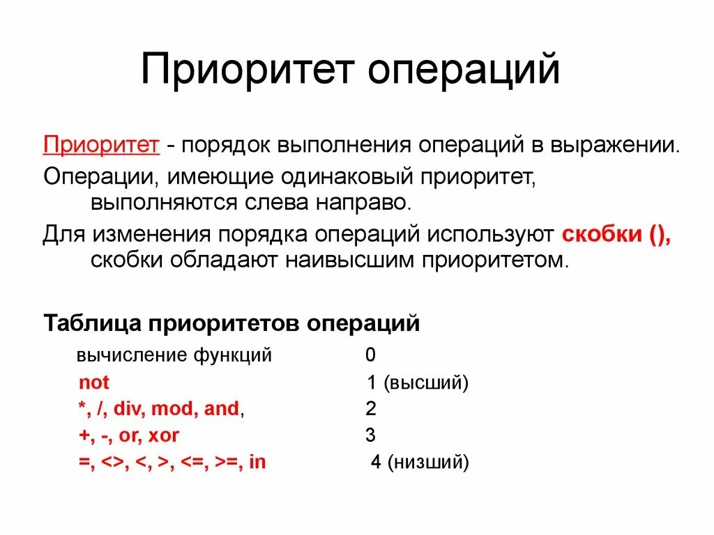 Приоритет выполнения операций в Паскале. Приоритеты выполнения операций Pascal. Приоритет операций в языке Паскаль. Порядок выполнения логических операций в Паскале.