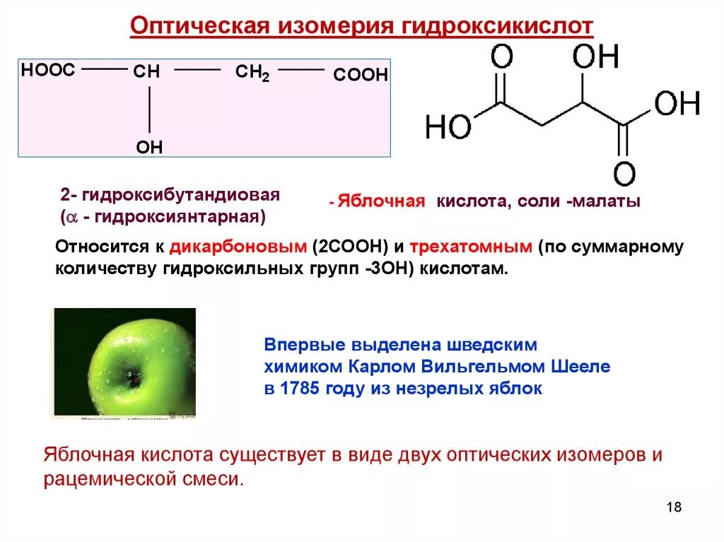 Группа соон является. Оптическая активность гидроксикислот. Оптическая изомерия гидроксикислот. Гидроксикислоты стереоизомерия. Яблочная кислота (2-гидроксибутандиовая).