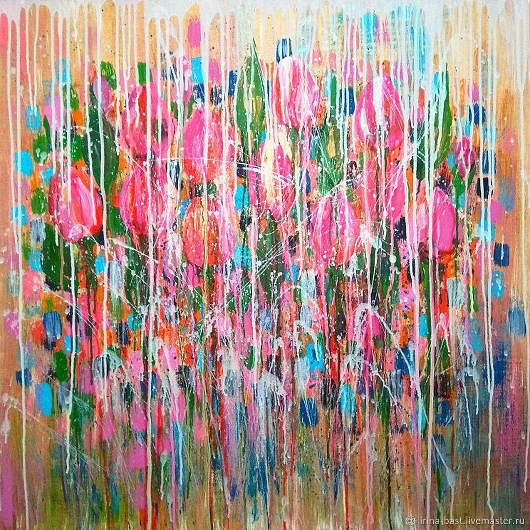 Разноцветный дождь. Абстрактная картина тюльпаны.