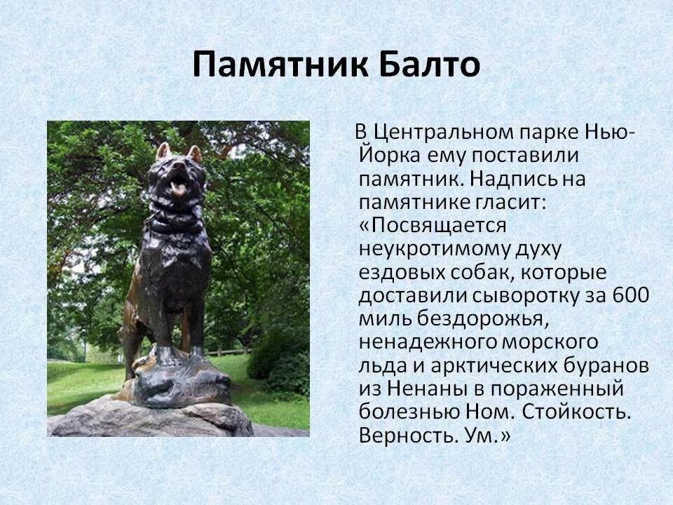 Сообщение о памятнике россии 5. Памятник собаке Балто. Памятник собаке Балто в Нью-Йорке. Памятник псу Балто. Памятник ездовым собакам в Нью Йорке.