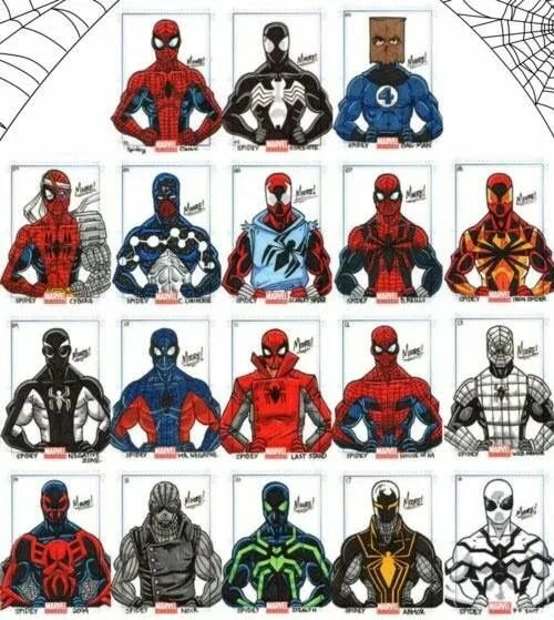 Все названия человека паука. Человек паук разные костюмы. Человек паук версии костюма. Какие бывают человеки пауки. Эволюция костюмов человека паука.