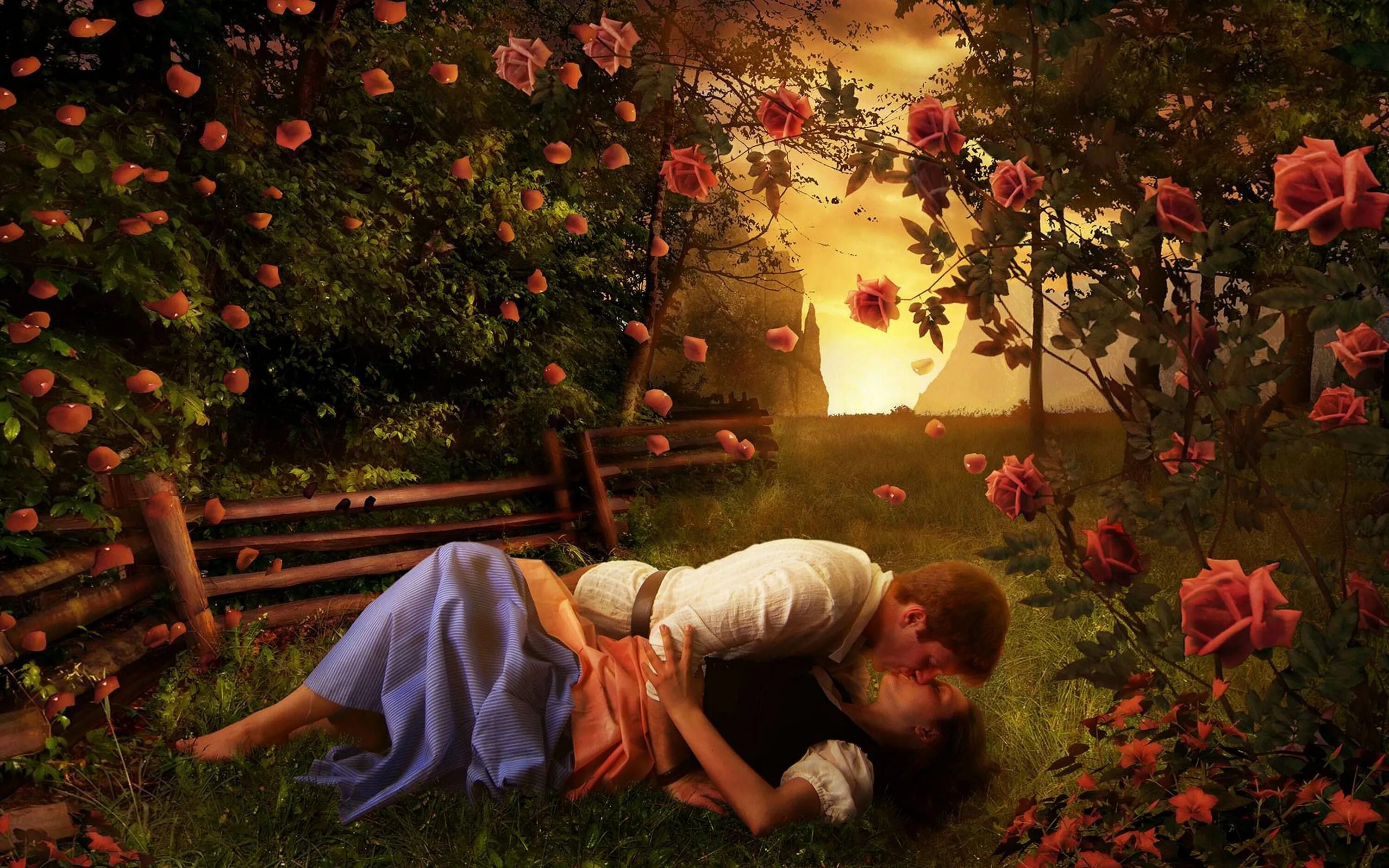 Любви томленье. Влюбленные в саду. Сказочная романтика. Девушка в саду. Летний сад ночью.