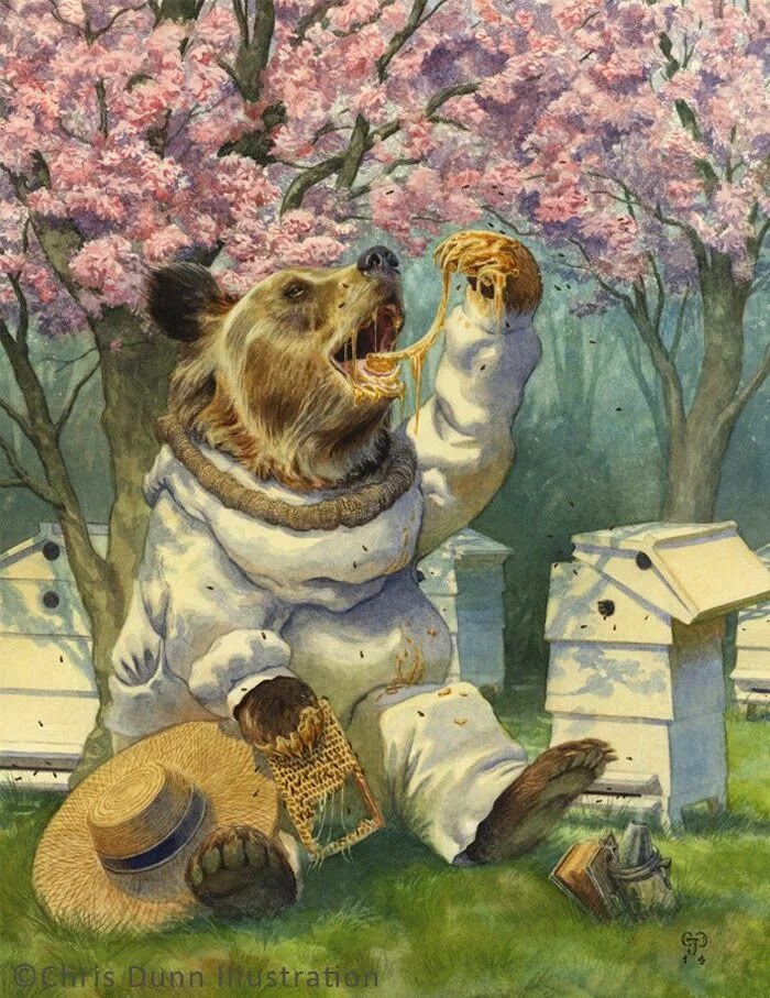 Медведя пчела мед. Chris Dunn иллюстрации. Медведь живопись. Медведь на пасеке.