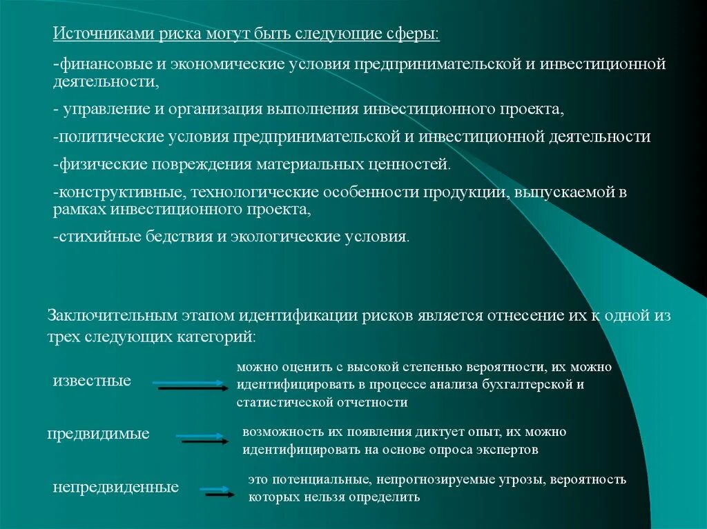 Управление финансово экономическими рисками. Экономический риск и неопределенность. Источники риска инвестиционного проекта. Риски в экономической сфере. Факторы неопределенности и риска.