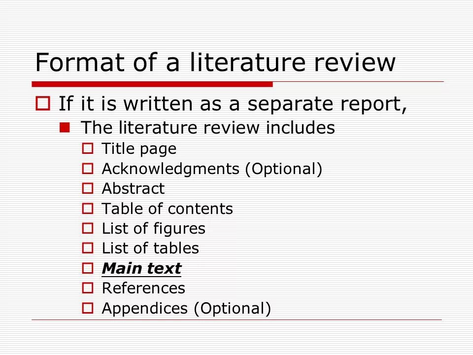 Table of contents. List of Literature. Literature Review. Writing a Literature Review. Report list