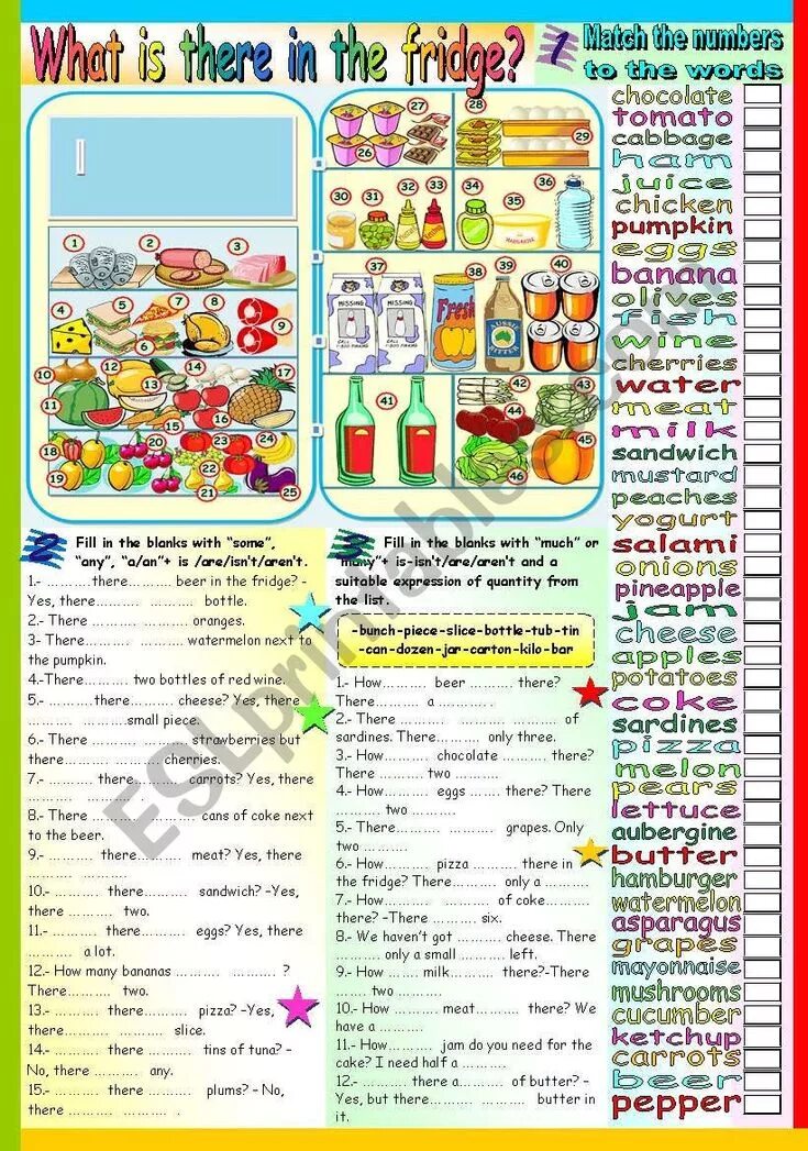 There aren t a lot of. Some any Worksheets продукты. There is there are food упражнения. There is much there are many Worksheets. Some any in teh Fridge Worksheet.