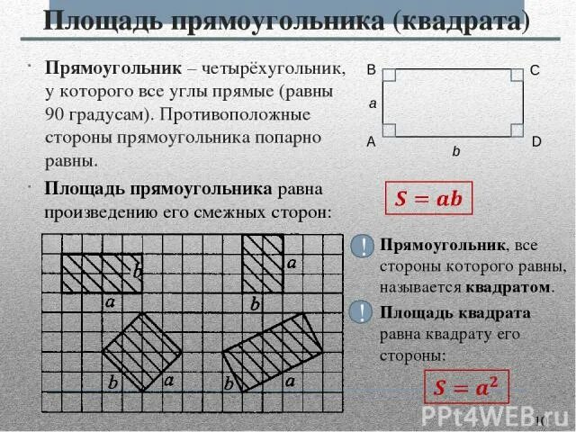 Квадрата равна произведению 2 его смежных сторон. Площадь квадрата равна произведению его смежных сторон. Площадь квадрата равна произведению 2 его смежных сторон. Площадь прямоугольника равна произведению его противолежащих сторон. Стороны прямоугольника попарно.