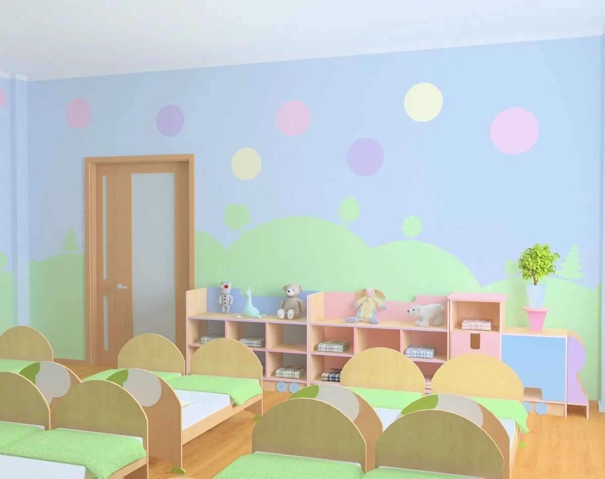 Нужно место в детском саду. Спальня в детском саду. Цвет стен в детском саду. Украшение стен в ДОУ. Интерьер группы в детском саду.