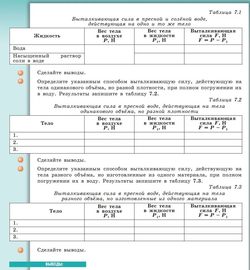 Выталкивающая сила в пресной и соленой воде. Лабораторная работа по физике 7 таблица. Лабораторная работа по физике 7 класс таблица 14. Физика 7 класс лабораторная работа таблица 7. Таблица по лабораторной работе по физике 7 класс.