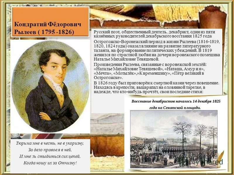 Кого казнили из декабристов в 1825. 1821-1825 Рылеев.